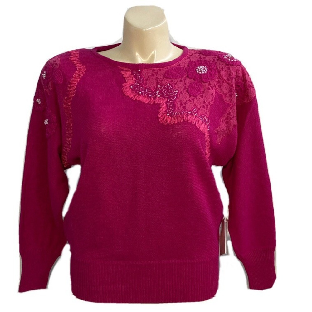 NWT ANDRIANO FATIGATI Sweater LARGE Pink Lace‎ Crochet Bead Vintage Unique